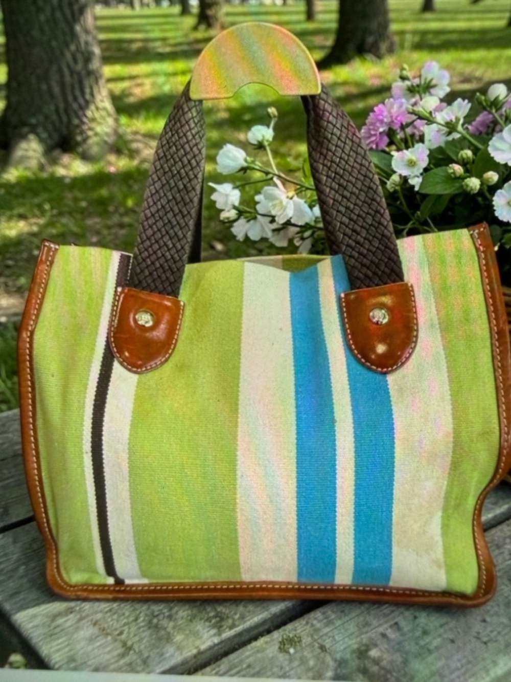 Kate Spade New York Green Canvas Tote Bag Cabana Stripe Vintage